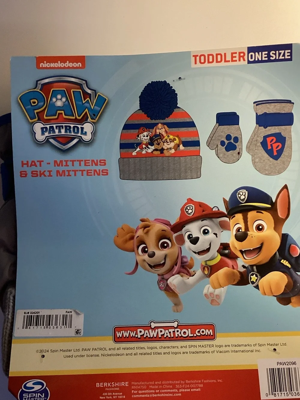 Paw Patrol Gray and Blue Kids Mittens with Blue Pom-Pom Accent